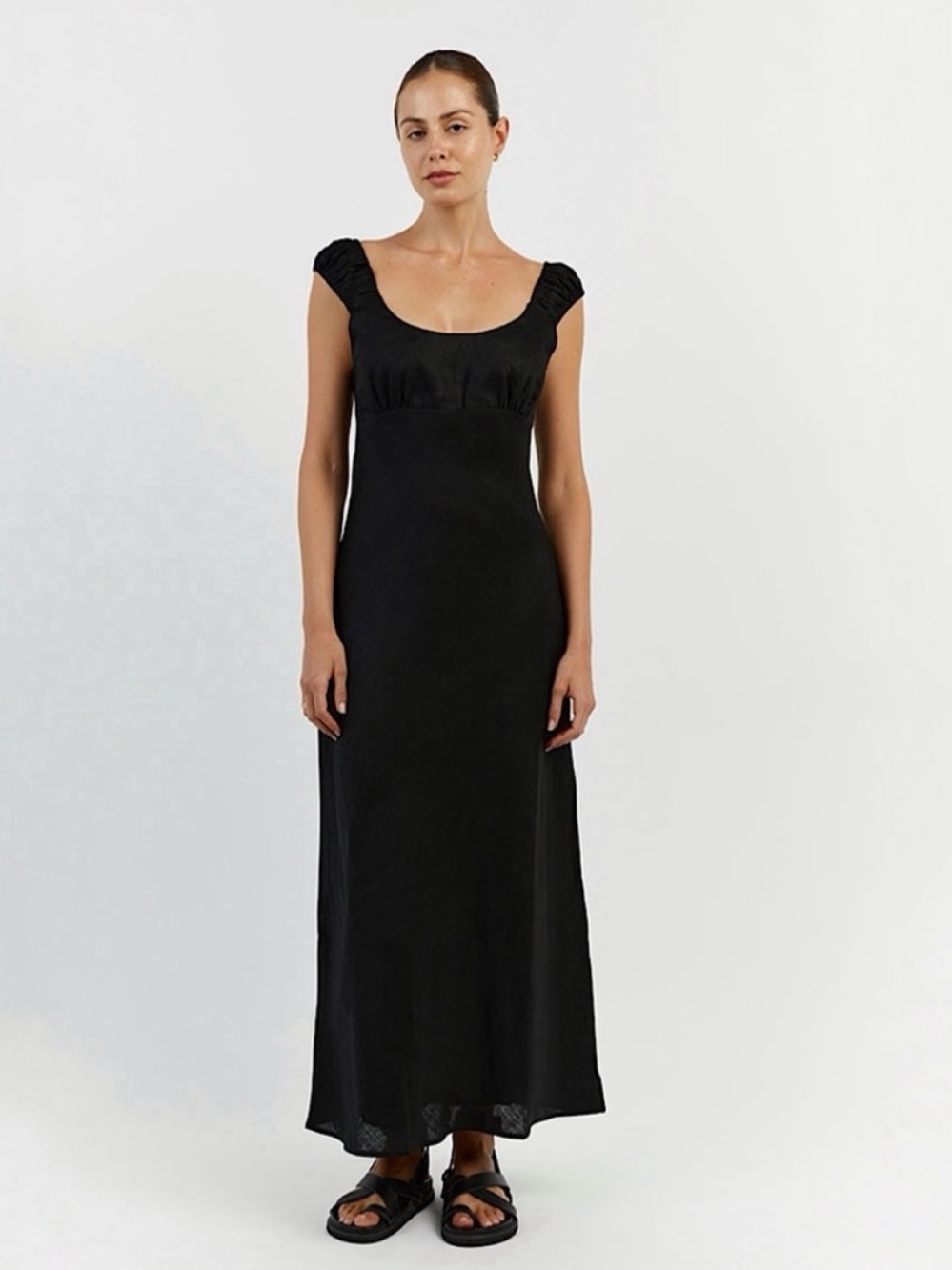 Dissh Abby Linen Bias Cut Maxi Dress Empire Waist Scoop Neck Black Size 2